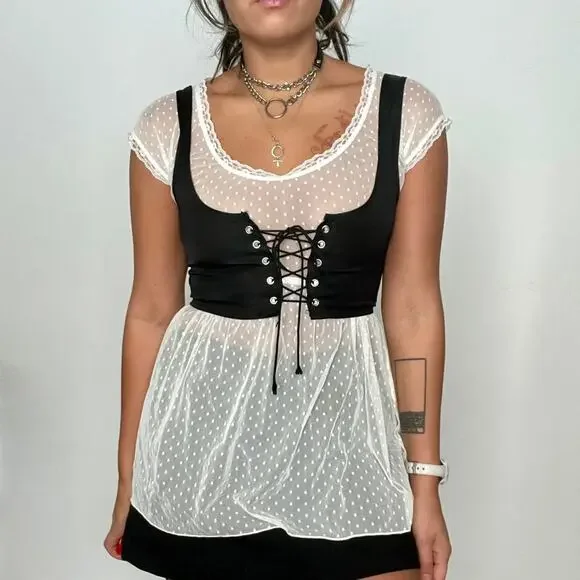 Mesh dot babydoll top white - Picture 1 of 5